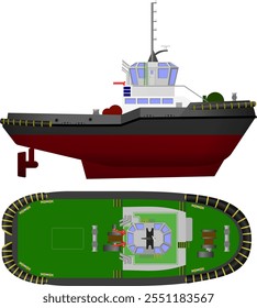 Azimuth Stern Drive (ASD) Tug. Perfil lateral e superior de um rebocador grande com propulsão ASD. Ilustração isolada de vetor.