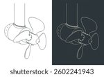 Azimuth thruster or rudder propeller isometric blueprints stylized illustrations