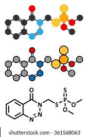 Azinphos-methyl organophosphate insecticide. Acts as neurotoxin through the inhibition of acetylcholinesterase. Stylized 2D renderings and conventional skeletal formula. 