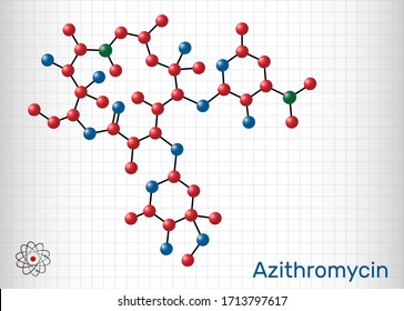 Azithromycin molecule. It is macrolide antibiotic. Сombination of azithromycin and antimalarial drug hydroxychloroquine is used to treat COVID-19. Sheet of paper in a cage.Vector illustration

