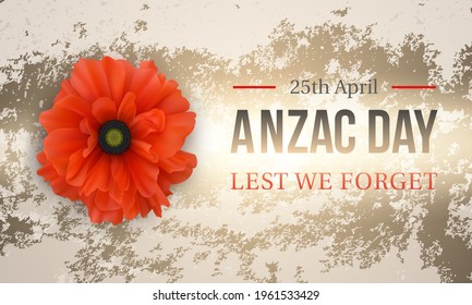 Aznac Day - Lest We Forget. 25th of April. National holiday of Australia and New Zealand. Tribute and honor to veterans. Vintage Greeting Card with Red Poppy on grunge background. Vector illustration