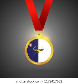 Azores Flag in gold Medal, Golden Badge, Sport Game Golden Challenge Award. Vector Illustration.