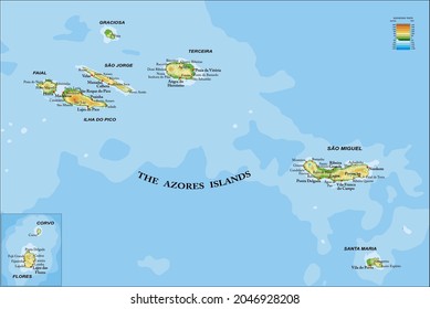 Azores islands hyghly detailed physical map