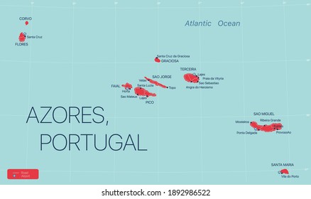 Azores islands, Portugal, detailed editable map with cities and towns, roads and railways. Vector EPS-10 file