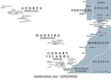 Azores, Madeira, and Canary Islands, gray political map. Autonomous regions of Portugal and Spain, archipelagos of volcanic islands in Macaronesia Region of North Atlantic Ocean, next to North Africa.