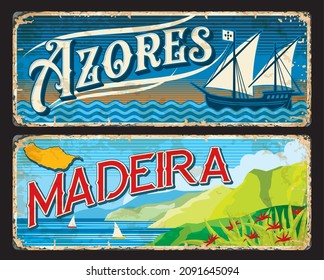 Azores and Madeira islands portuguese province plates and travel stickers, vector. Tin signs with districts of Portugal or metal plates with city tagline, flags and sea travel or tourism landmarks