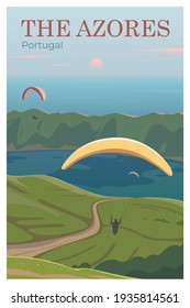The Azores. Paragliders in the sky. Vector travel poster.