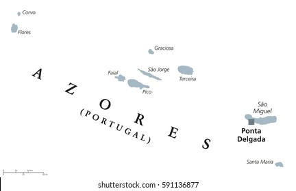 Azores political map with capital Ponta Delgada. Autonomous region of Portugal, an archipelago composed of nine volcanic islands in North Atlantic Ocean. Gray illustration, English labeling. Vector.