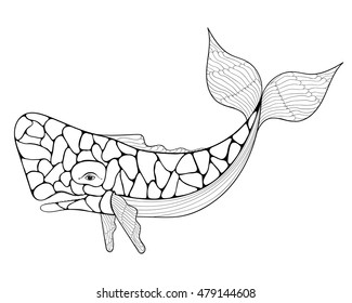 Azores Sperm Whale, Cachalot in Zentangle style. Freehand sketch for adult antistress coloring page. Ornamental artistic vector illustration for tattoo, t-shirt print. Sea and ocean animal collection.