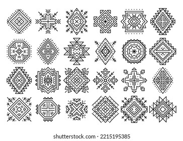 Elementos geométricos abstractos aztecos. Conjunto de ornamentos étnicos. Diseño tribal, símbolos geométricos para tatuajes, tarjetas, trabajos decorativos para el logo de diseño, tarjetas, fondos. Motivos navajos