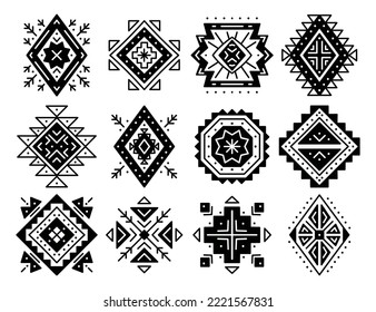 Elementos geométricos abstractos aztecos. Conjunto de ornamentos étnicos. Diseño tribal, símbolos geométricos para tatuajes, tarjetas, trabajos decorativos para el logo de diseño, tarjetas, fondos. Motivos navajos