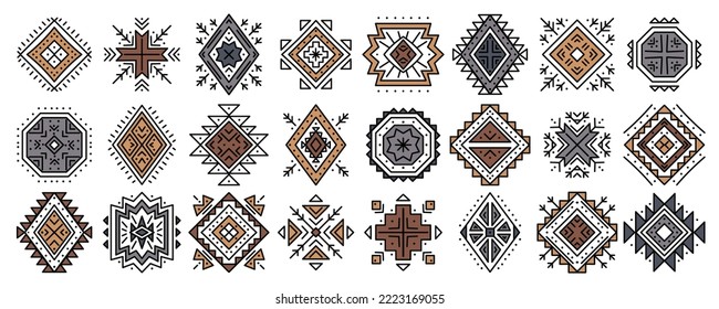 Aztec abstract geometric elements. Set of ethnic ornaments. Tribal design, geometric symbols for tattoo, cards, decorative works for design logo, cards, backgrounds. Navajo motifs