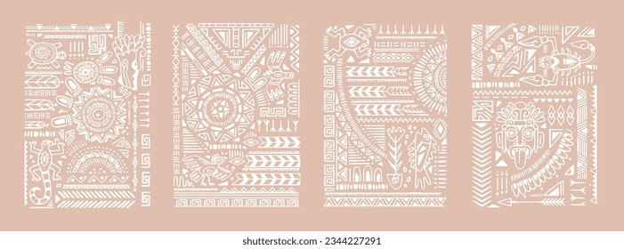 Aztec, African, Mayan ornaments set. Abstract geometric shapes and animals in boho style, ethnic pattern, tribal elements. Ancient Cherokee, Mexican tattoo, wall art. Flat graphic vector illustration. svg