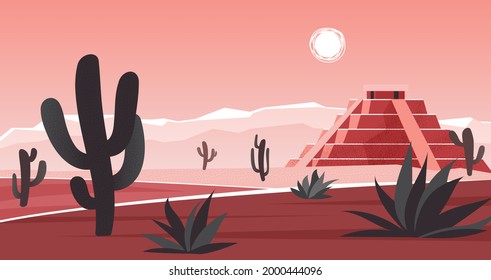 Aztec altar pyramid in wild landscape in Mexico, Maya civilization vector illustration. Cartoon stone ancient ziggurat, Mayan temple building in Mexican hot desert scenery, archeology background