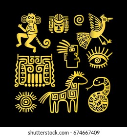 Aztec ancient animal golden symbols on black background. Vector illustration