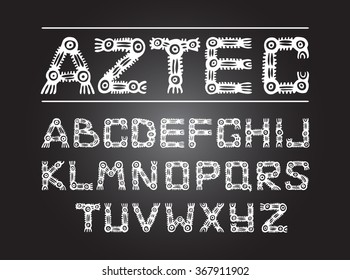 Aztec ancient ethnic white alphabet on black background 