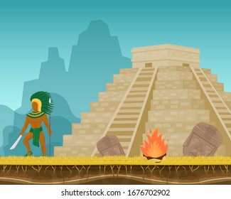 Azteken alter Krieger mit Vektorillustration von Messer, Speer und Feder. Pyramide, Feuer, Gesichtsmasken. Aborigine-mexikanische einheimische ethnische Stammes starken Mann Charakter.