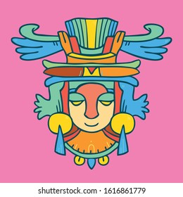 Aztec ancient warrior sculpture mask. Mexican traditional historical character. Vector illustration