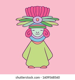 Aztec ancient woman sculpture. Mexican traditional historical character. Vector drawing illustration