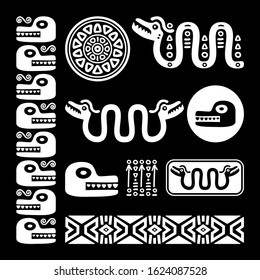 	
Aztec animals, Mayan snake, ancient Mexican vector design set in white on black background