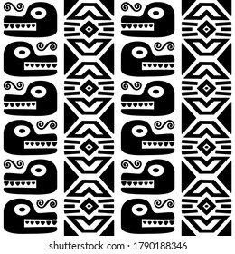 Aztec animals, Mayan snake, ancient Mexican vector seamless pattern in black on white background. Abstract Maya and Aztec art animals and symbols, repetitive design, textile and wallpaper decoration
