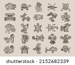 Aztec animals. Mexican tribals symbols maya graphic objects native ethnicity drawings recent vector aztec civilization set