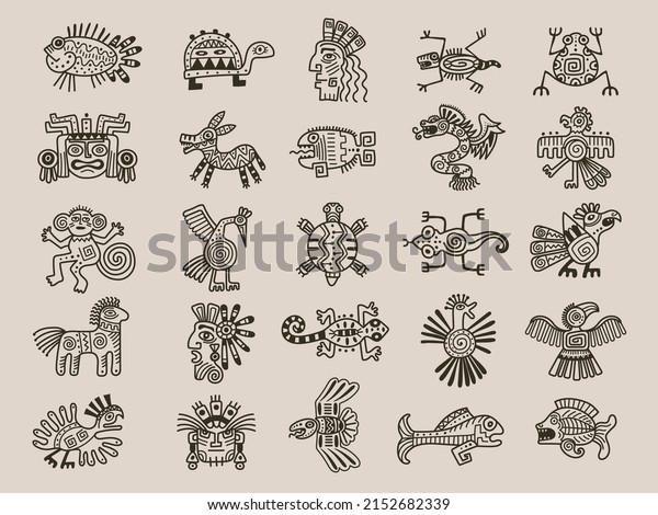 Aztec animals. Mexican tribals symbols maya graphic\
objects native ethnicity drawings recent vector aztec civilization\
set