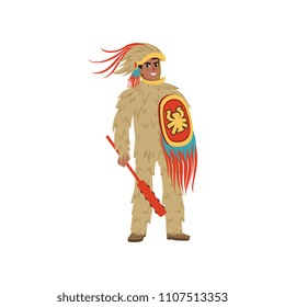Aztec armed warrior man character wearing in animal skin vector Illustration on a white background