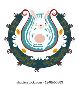 Aztec art imitation vector illustration: Metztli, a god or goddess of the moon, the night, and farmers. Aztec God Metztli with a moon rabbit isolated.