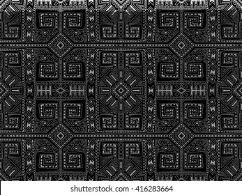 Aztec background. Abstract tribal ornament. Black and white pattern. Doodle maya style ornament. Vector unusual texture. Trendy ornament for fashion or interior products. Art drawn wallpaper.