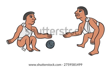 Aztec ball players playing a Mesoamerican ballgame with a rubber ball. Descendant version Ulama is still played in Mexico, regarded as one of the oldest continuously played sports in the world. Vector