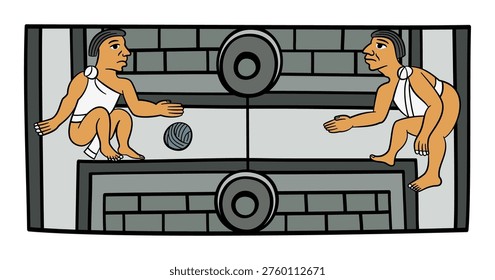 Aztec ball players, playing with a rubber ball, in  an H-shaped court.  Ancient Mesoamerican ballgame, played in a masonry ballcourt, with upper goals, circle shaped stone rings with a hole. Vector