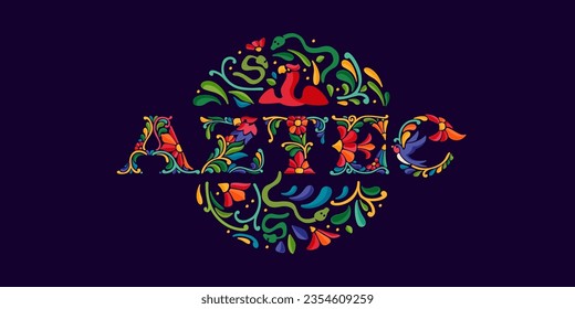 Aztec banner with Mexican colorful and ornate ethnic pattern. Traditional Aztec leaves and flowers embroidery ornament. Vector design template for folk Spanish food, holidays, carnival, and party.