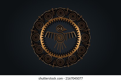 Aztec Bird round frame sign isolated ancient religion symbol. Vector Maya fantastic animal gold icon. American culture totem, tribal ethnic mascot. Mexico history pattern, indian or peruvian bird