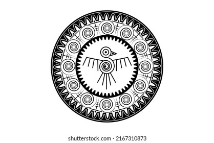 Aztec Bird round frame sign isolated ancient religion symbol. Vector Maya fantastic animal tattoo icon. American culture totem, tribal ethnic mascot. Mexico history pattern, indian or peruvian bird