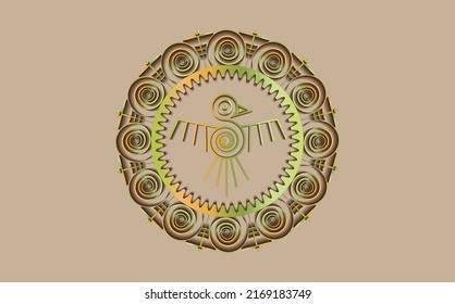 Aztec Bird round frame sign isolated ancient religion symbol. Vector Maya fantastic animal colorful icon. American culture totem, tribal ethnic mascot. Mexico history pattern, indian or peruvian bird
