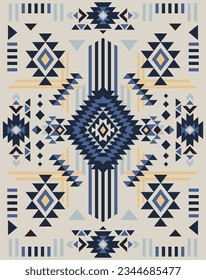 Diseño étnico tribal azteca con motivos azules. Símbolo de decoración navajo, geométrico de alfombra boho. Ornamento étnico. 