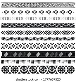 Aztec borders set. Ethnic ornament, decoration patterns in Arabic, Egyptian or native American tribal styles. Traditional ornate black dividers vector illustration collection