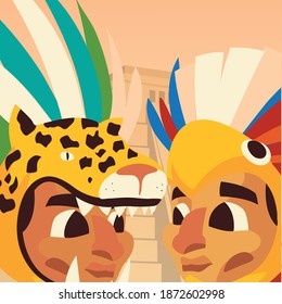 aztec characters with tiger and parrot headdress cartoon vector illustration