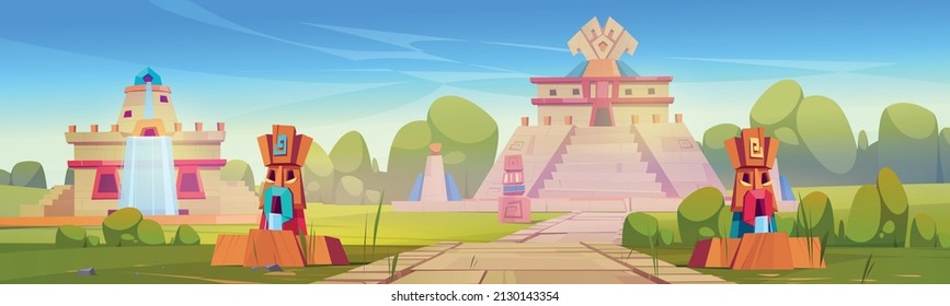 Aztec city with pyramids and statues, mayan travel landmark with stone monuments on green field. Temple of Kukulkan or El Castillo Pyramid in Chichen Itza scenic landscape, Cartoon vector illustration