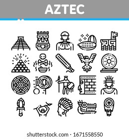 Aztec Civilization Collection Icons Set Vector. Aztec Antique Pyramid And Gold, Bird And Animal, Cozcacuauhtli And Mystic Totem Concept Linear Pictograms. Monochrome Contour Illustrations