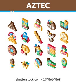 Aztec Civilization Collection Icons Set Vector. Aztec Antique Pyramid And Gold, Bird And Animal, Cozcacuauhtli And Mystic Totem Isometric Illustrations