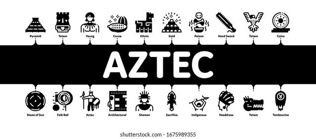 Aztec Civilization Minimal Infographic Web Banner Vector. Aztec Antique Pyramid And Gold, Bird And Animal, Cozcacuauhtli And Mystic Totem Illustrations