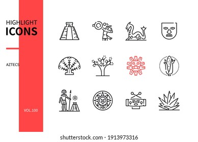 Aztec civilization - modern line design style icons set. Culture, arts and craft, religious signs and symbols, history idea. Pyramid, ballgame, quetzalcoatl, maize, sun stone, teponaztli, agave images