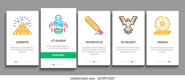 Aztec Civilization Onboarding Mobile App Page Screen Vector. Aztec Antique Pyramid And Gold, Bird And Animal, Cozcacuauhtli And Mystic Totem Color Contour Illustrations