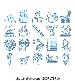 Aztec Civilization sketch icon vector. Hand drawn blue doodle line art Aztec Antique Pyramid And Gold, Bird And Animal, Cozcacuauhtli And Mystic Totem Illustrations