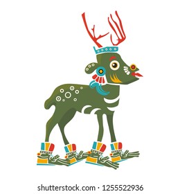 Aztec Codex Borbonicus art imitation vector illustration. Tribal native mexican american Deer. Aztec Deer isolated. Great also as Christmas Reindeer.