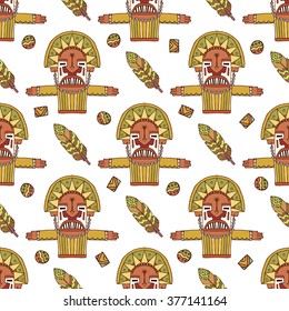 aztec color patten with a terrible mask of the god and feather,mesoamerican aztec totem poles. 