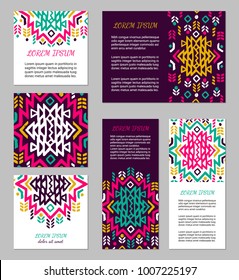 Aztec colorful hand-drawn ornamental card template. American indian leaflet design. Tribal decorative pattern. Ethnic ornate background. Vintage style flyer. EPS 10 vector brochure set. 