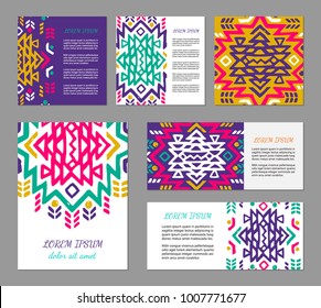 Aztec colorful hand-drawn ornamental card template. American indian leaflet design. Tribal decorative pattern. Ethnic ornate background. Vintage style flyer. EPS 10 vector brochure set. 